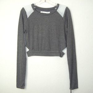 NWT BLANC NOIR Long Sleeve Thumbhole Cut Out Gray White Crop Top Size M